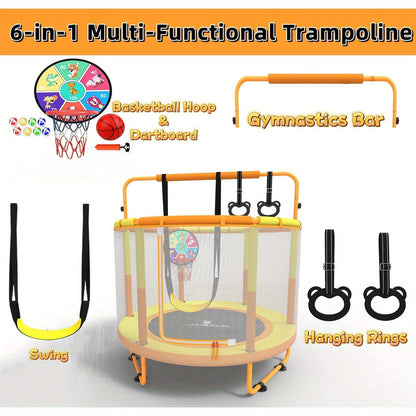 60 Inch Kids Trampoline 6-in-1 with Safety Net Enclosure, Basketball Hoop, Swing, Dart Board & Gymnastic Rings