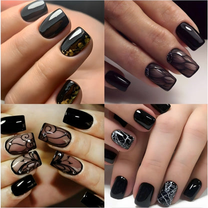Press On Nails 96-Piece Short Square Black Ice-Crack Pattern Glossy Full-Cover Set with Nail Glue