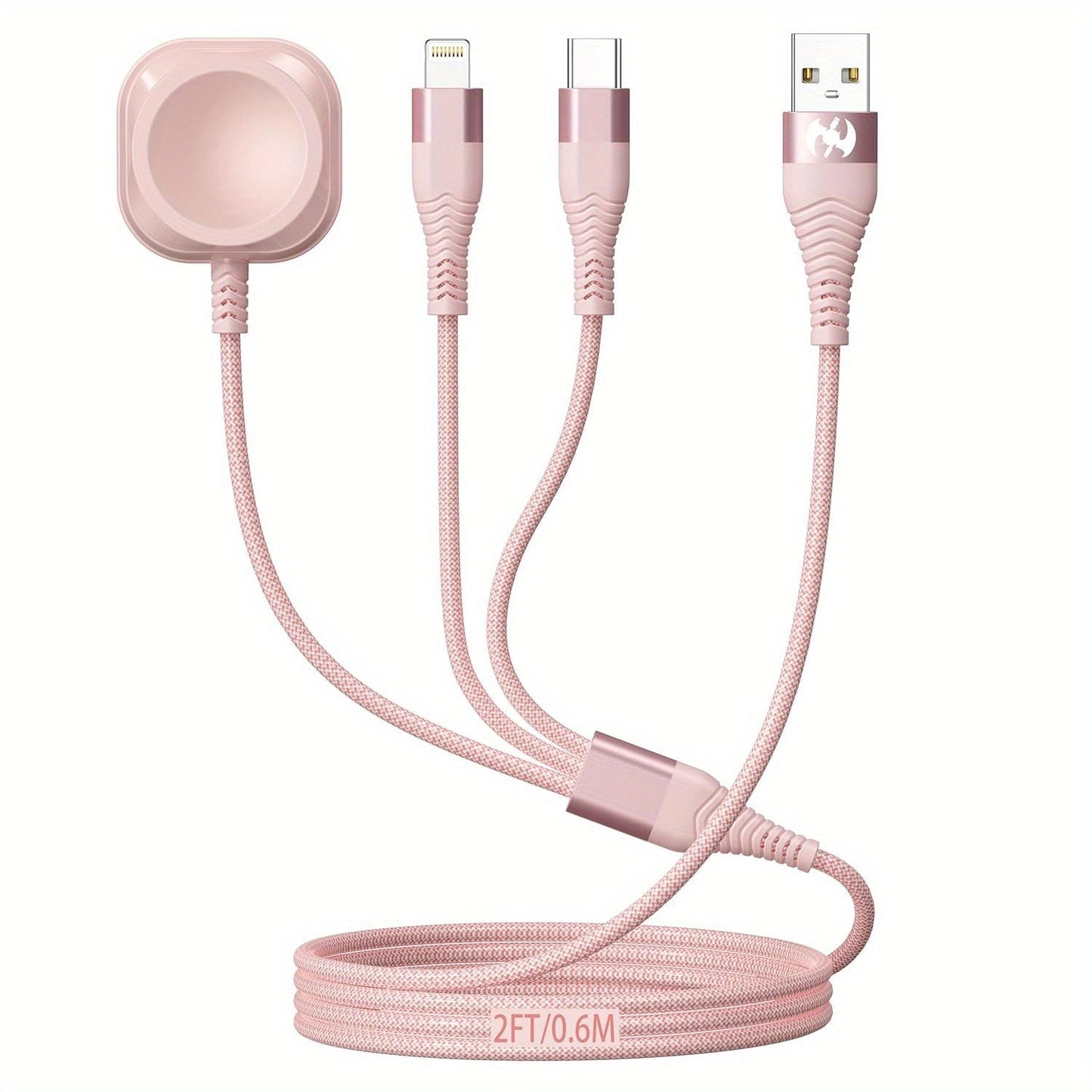 24-Inch Pink Braided Charging Cable with USB-A Input, Lightning, USB-C and Magnetic Watch Pad
