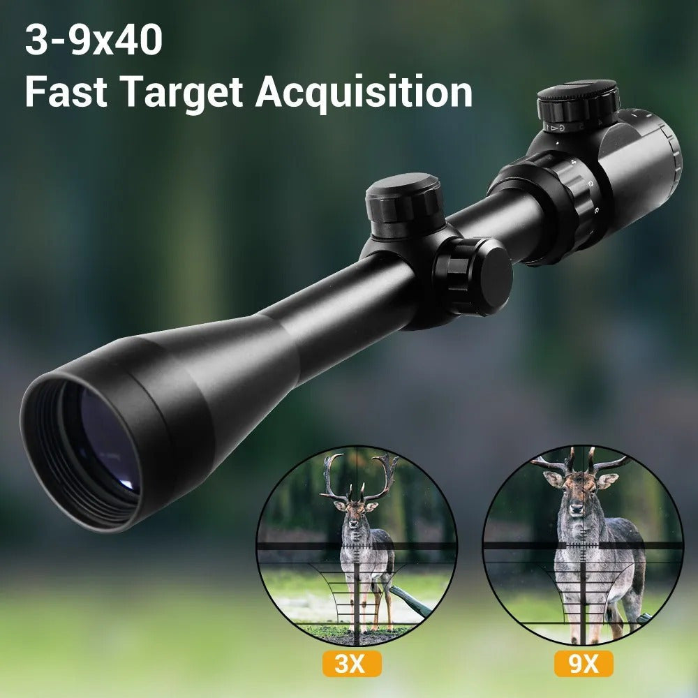 3-9x40 Illuminated Rifle Scope with Red and Green Reticle, 20mm Four-Hole Rail Mount and Adjustment Turrets