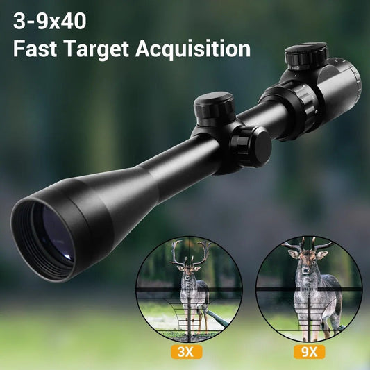 3-9x40 Illuminated Rifle Scope with Red and Green Reticle, 20mm Four-Hole Rail Mount and Adjustment Turrets