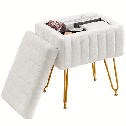 Faux Fur Storage Ottoman Stool, Furry Vanity Seat with Storage, 4 Metal Legs & Feet, Cute Modern Multi-Function Chair for Bedroom