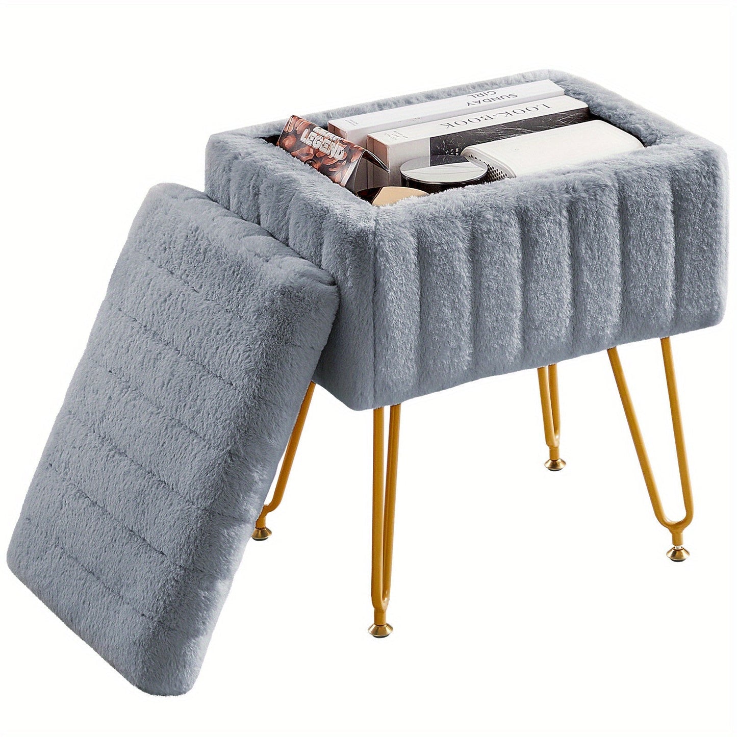 Faux Fur Storage Ottoman Stool, Furry Vanity Seat with Storage, 4 Metal Legs & Feet, Cute Modern Multi-Function Chair for Bedroom