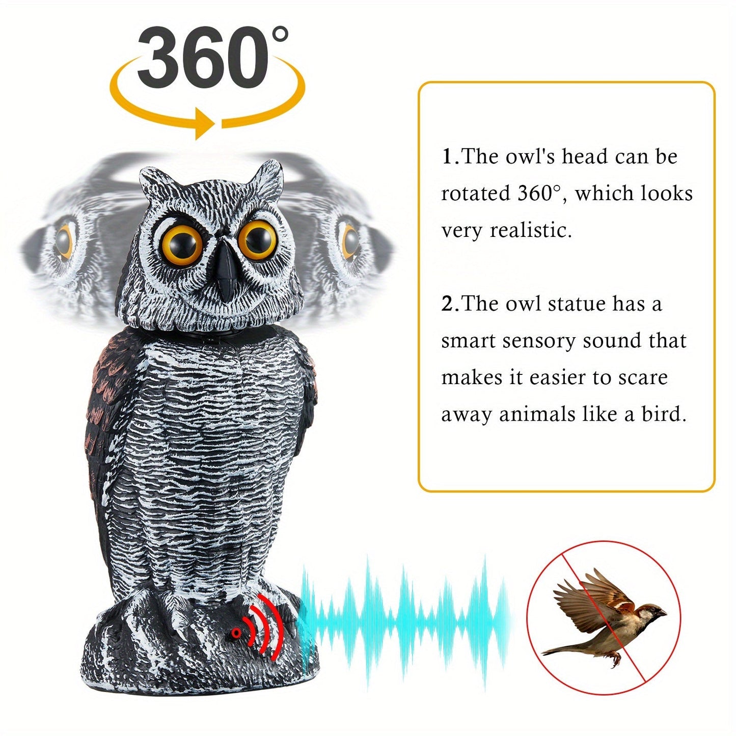 Rotating Head Fake Owl Decoy Bird Deterrent, Battery Powered Plastic Scarecrow Repellent for Garden Yard Patio