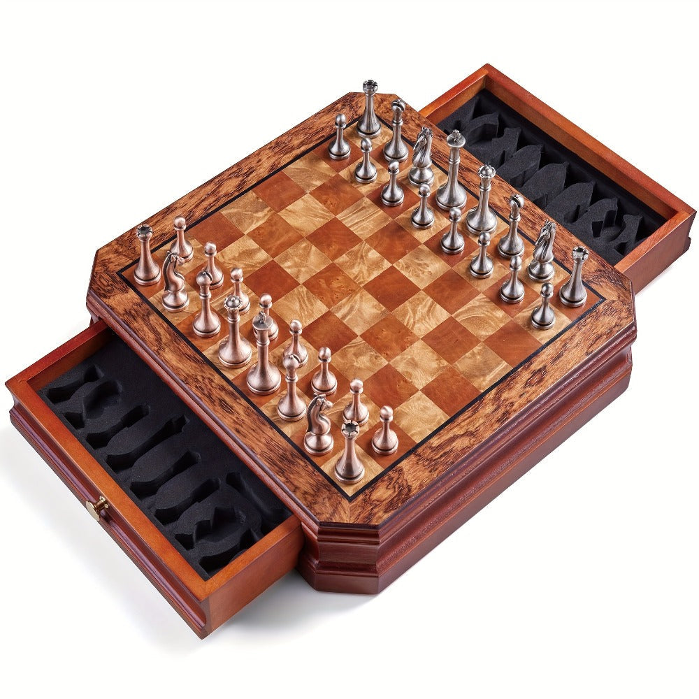 Wooden Chess Set with Metal Pieces & Storage Drawers 12 Inch – 2.5" Kings 2 Extra Queens Vintage Mahogany Board for Adults Beginners