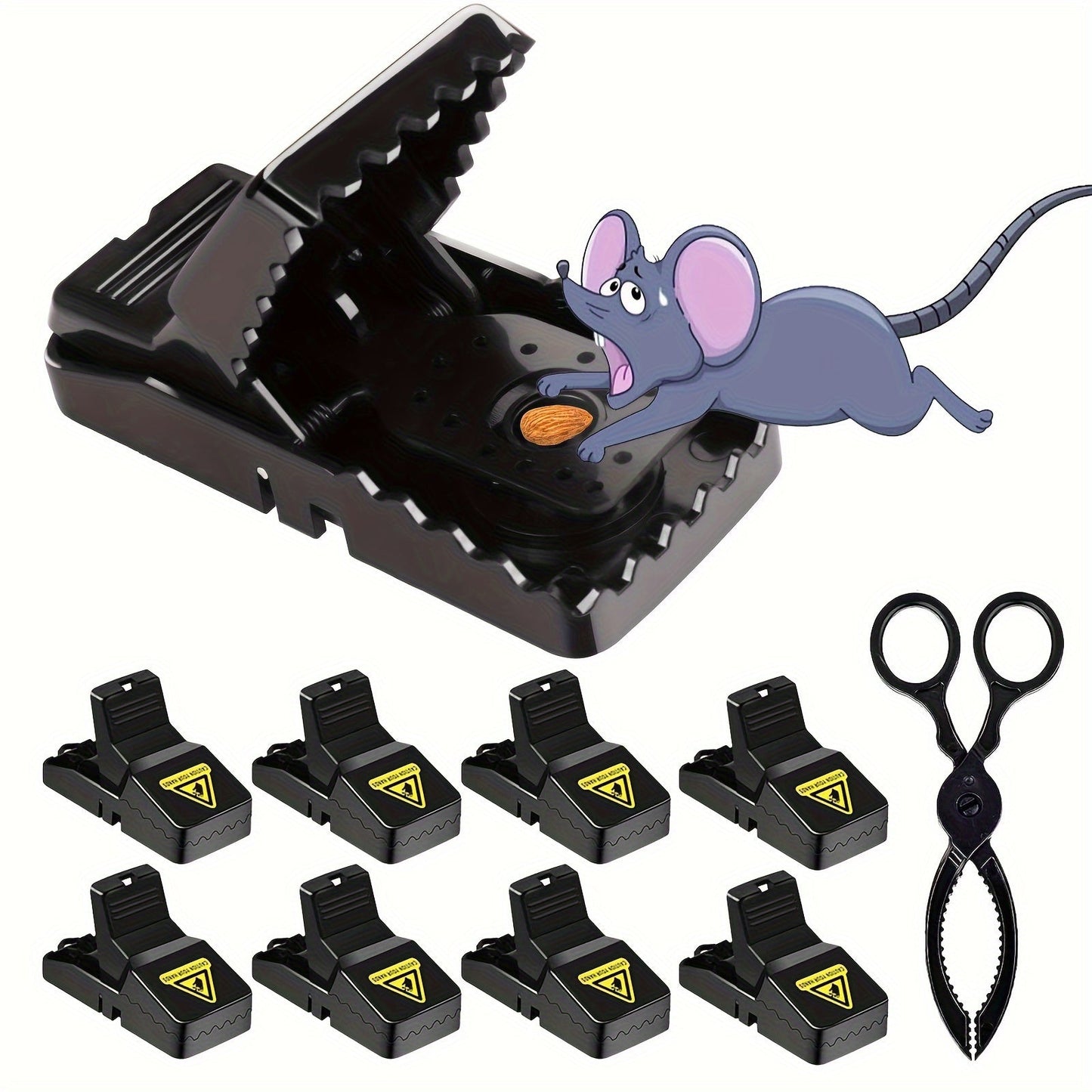 Eight-Piece Black Spring Snap Trap Set for Mouse-Size Rodents with Removable Bait-Cup Design
