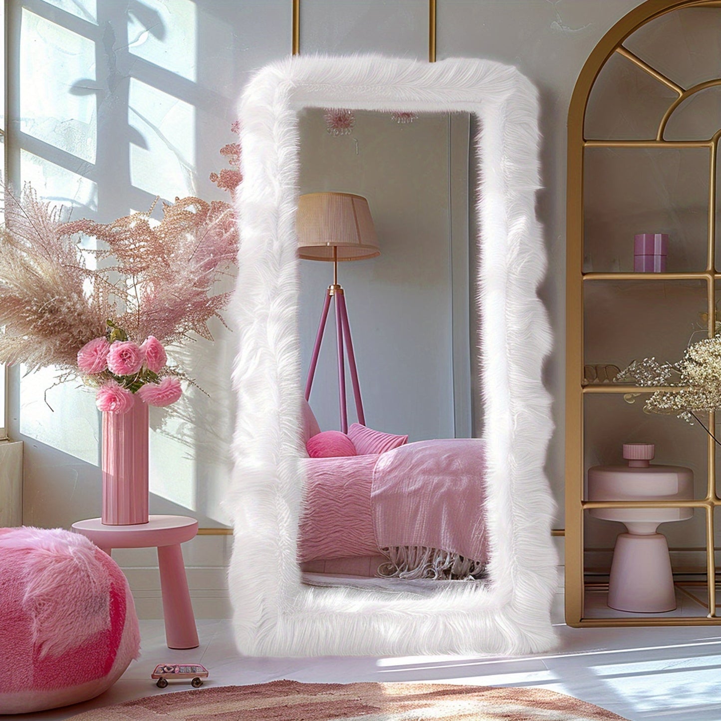 Full Length Mirror with Faux Fur Frame 24x63 Inch Leaning Floor Mirror for Bedroom Living for Entryways, Bedrooms and Living Spaces