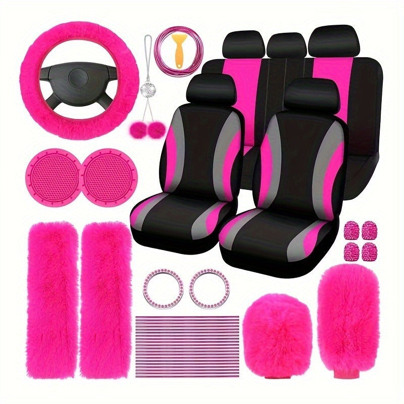 Car Interior Accessories Set for Women 45-Piece – Plush Steering Wheel Cover, Seat Cushion & Pendant, Universal Fit All Seasons