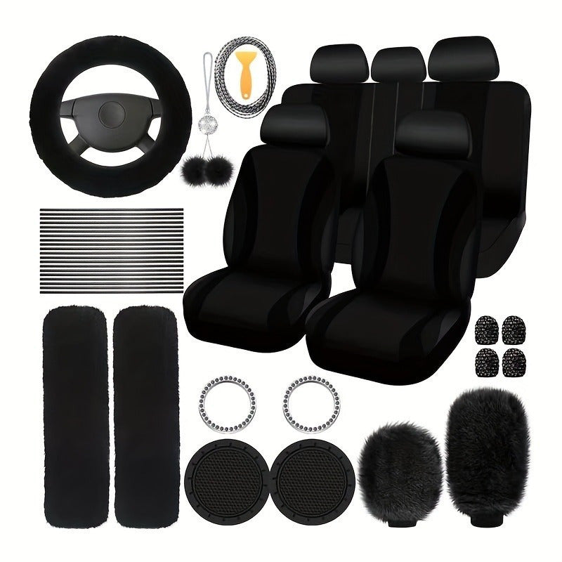 Car Interior Accessories Set for Women 45-Piece – Plush Steering Wheel Cover, Seat Cushion & Pendant, Universal Fit All Seasons
