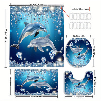 Four-Piece Dolphin Shower Curtain Set with Coordinated Bath Mat, Toilet Rug, Lid Cover and Twelve Hooks