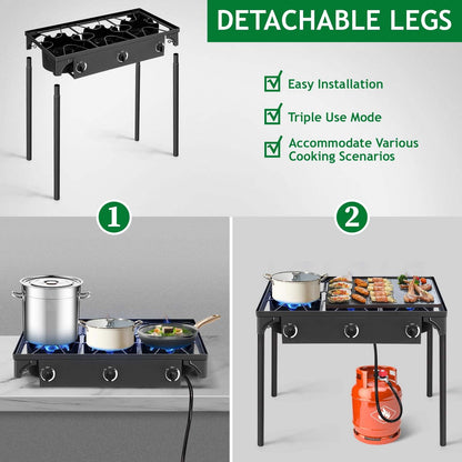 Outdoor Propane Burner Stove Cast Iron 1 or 3 Burner, 225000 BTU High-Pressure Cooker with Adjustable Heat