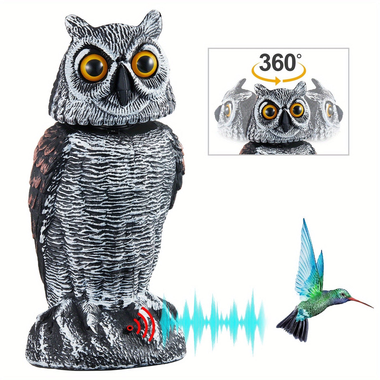 Rotating Head Fake Owl Decoy Bird Deterrent, Battery Powered Plastic Scarecrow Repellent for Garden Yard Patio