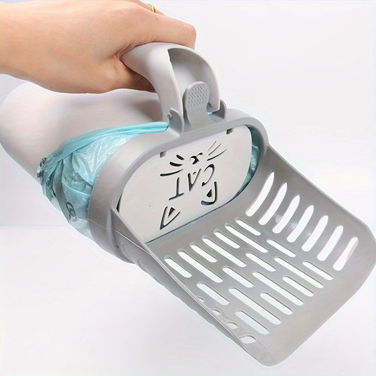 Cat Litter Scoop with Waste Bag Holder – Durable Plastic Litter Shovel with Removable Garbage Bag Dispenser