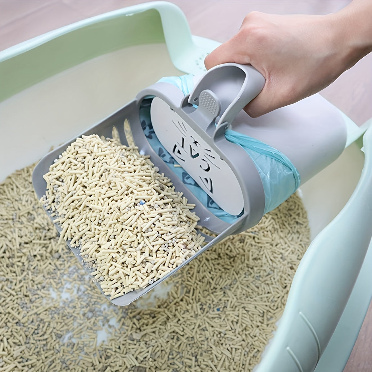 Cat Litter Scoop with Waste Bag Holder – Durable Plastic Litter Shovel with Removable Garbage Bag Dispenser