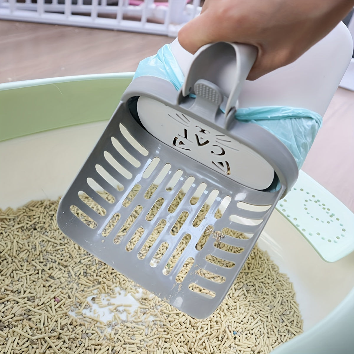 Cat Litter Scoop with Waste Bag Holder – Durable Plastic Litter Shovel with Removable Garbage Bag Dispenser