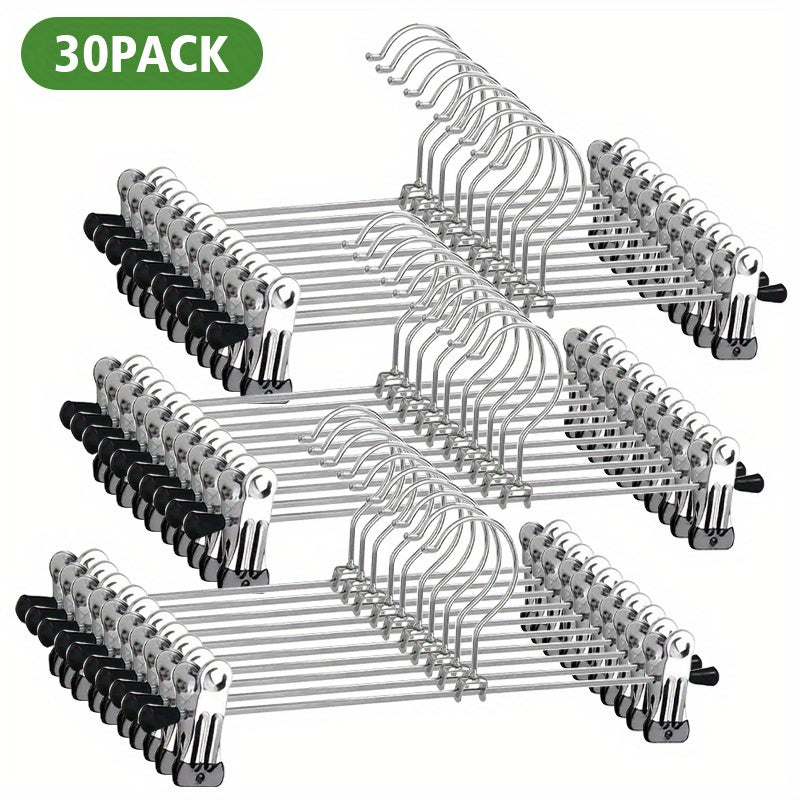 Pants Hangers with Clips 30-Pack – Adjustable Metal Skirt Hangers with 360° Rotatable Clips for Jeans, Trousers, Skirts, Dresses & Ties