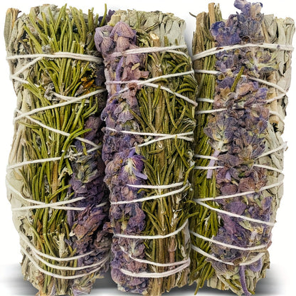 Sage Incense Smudge Bundle Set 3 Pack - White Sage Rosemary Lavender Hand-Bundled Incense for Entryways, Bedrooms and Living Spaces