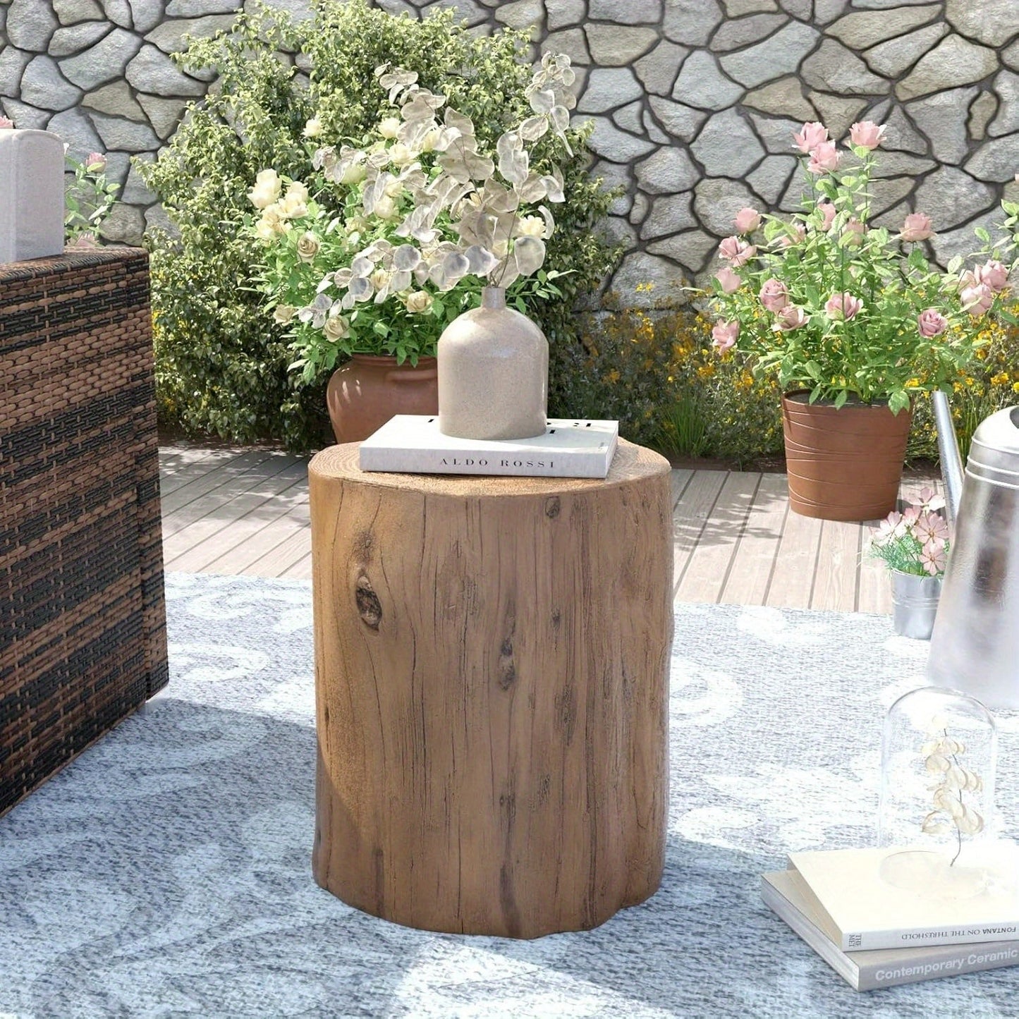 Outdoor Side Table Faux Wood Tree-Stump Design in Magnesia with Cylindrical Form and Brown Finish