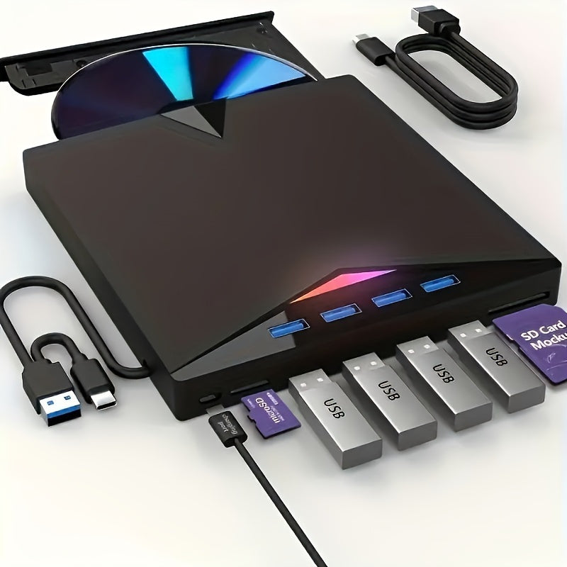 7-in-1 External DVD Drive USB 3.0 with 4 USB Ports & Dual TF/SD Card Reader - High-Speed CD/DVD Burner for Laptop Mac PC