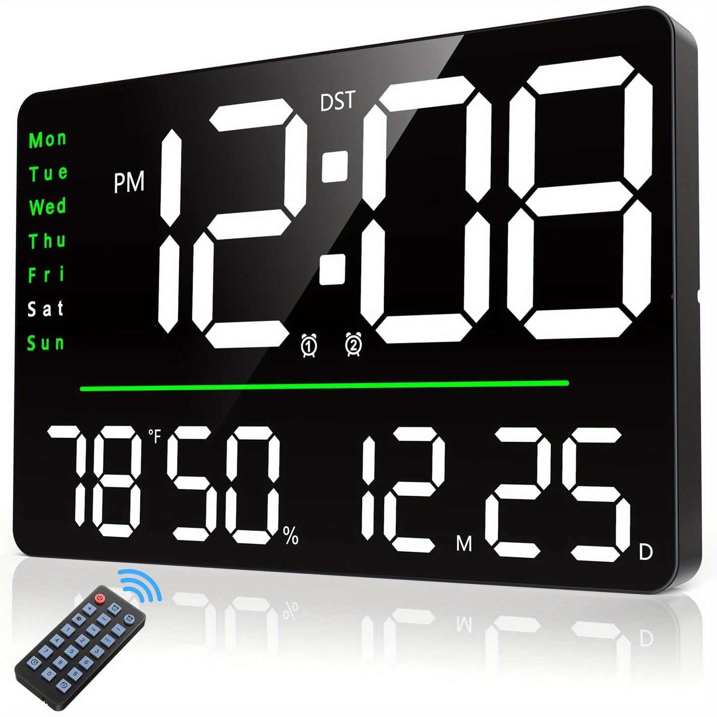 16-Inch Digital Wall Clock with LED Display, Remote, Dimmer Modes, Calendar and Indoor Temperature Readout