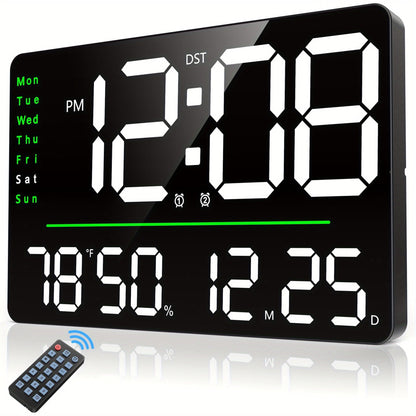 16-Inch Digital Wall Clock with LED Display, Remote, Dimmer Modes, Calendar and Indoor Temperature Readout