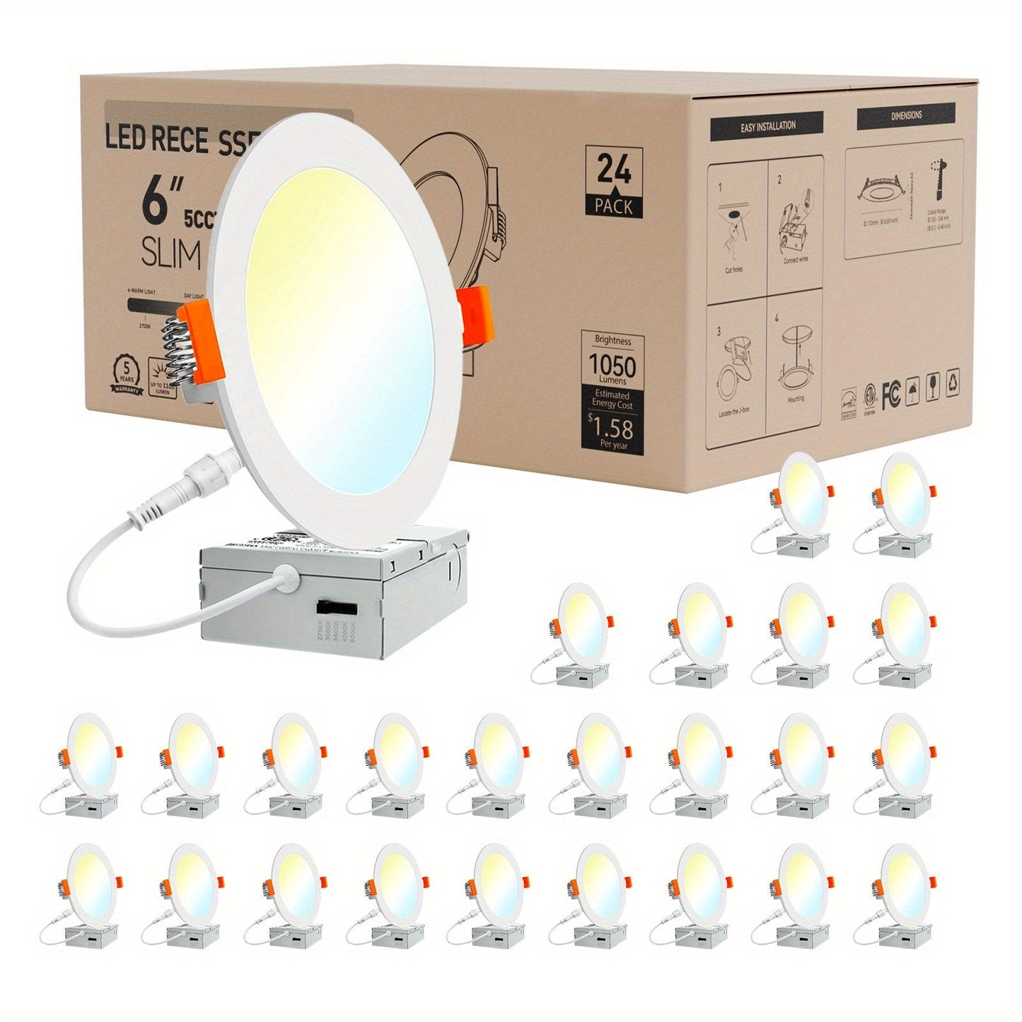 LED Recessed Ceiling Light 6 Inch 24/72 Pack 5CCT 2700K-5000K Dimmable Ultra-Thin Wafer for Home Cooking, Dining and Outdoor Meals