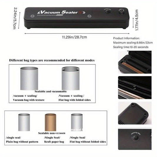 Countertop Vacuum Sealer with Vacuum-Seal and Seal-Only Modes, 50 Bags and Black or White Finish