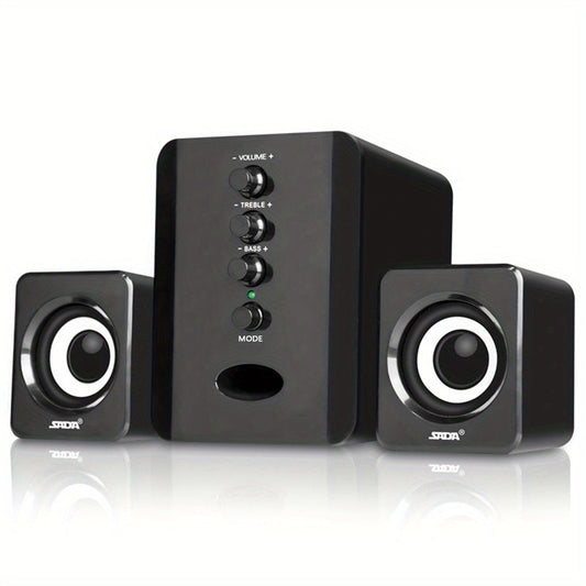 2.1 Mini Desktop Speaker System USB Powered with Independent Treble Bass Control for Bedside Audio, Alarms and Room Entertainment