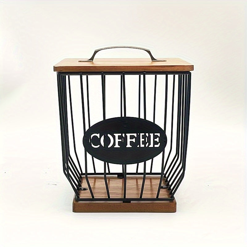 K-Cup Coffee Pod Holder Rack with Lid – Large Capacity Black Metal Square Coffee Capsule Storage Organizer with Wooden Base