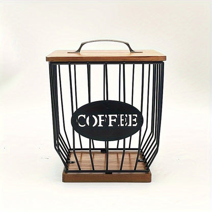K-Cup Coffee Pod Holder Rack with Lid – Large Capacity Black Metal Square Coffee Capsule Storage Organizer with Wooden Base