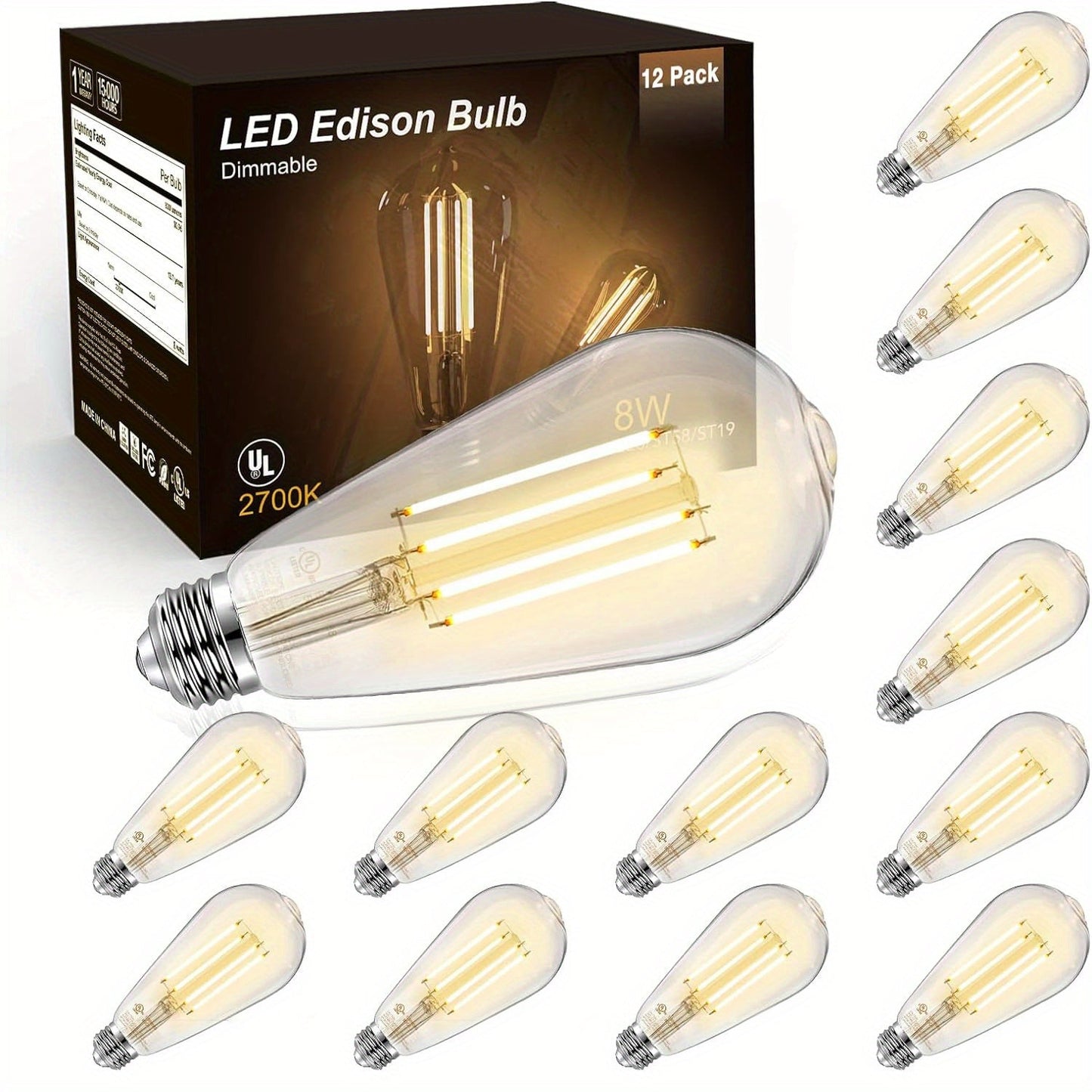 Edison Bulbs LED Vintage, 8W 60W Equivalent Dimmable E26 Base, 800 Lumens 2700K Warm White, 80+ CRI Antique Filament Style LED Edison Light