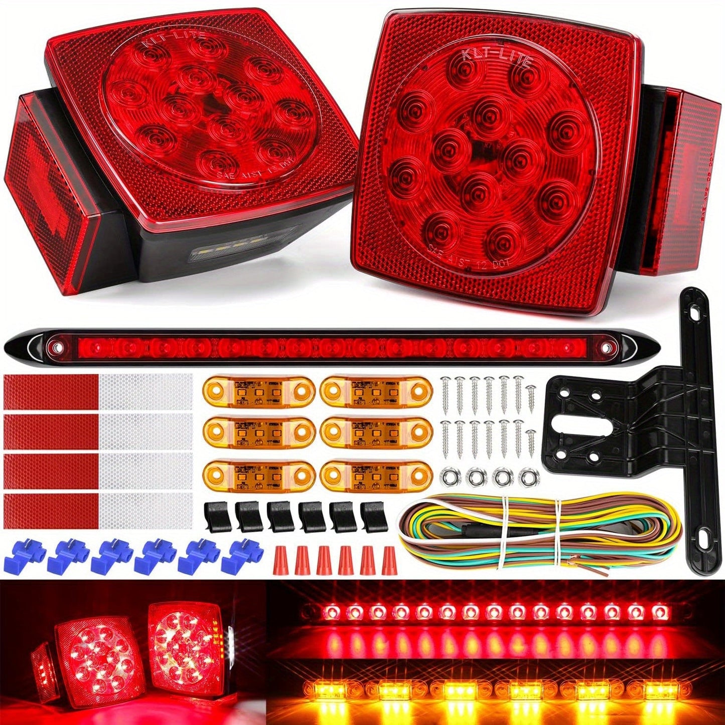 LED Trailer Light Kit with Wire Harness – Tail Lights, Amber Marker Lights & Brake ID Bar, 12V, Fits Boat Trailer Camper Truck Snowmobile