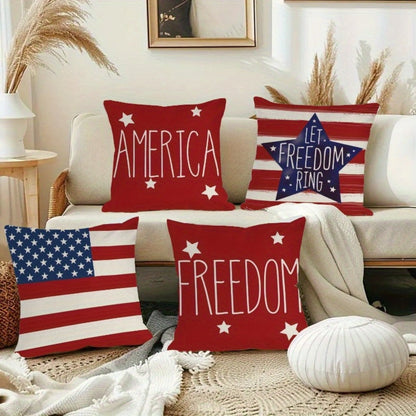 Patriotic Pillowcase Set 4pcs – Stars & Stripes Polyester Pillow Covers, Zipper Closure, Machine Washable