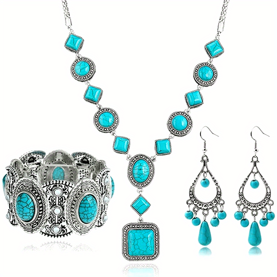 Jewelry Set for Women - Turquoise for Boho - 3 Piece Natural Stone Necklace Bracelet Earrings - product detail view 15