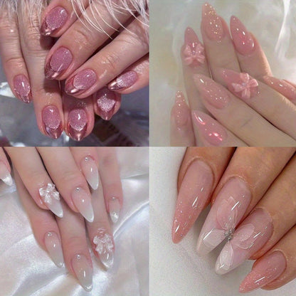Press On Nails 96-Piece Almond Four-Pack Ice Pink Gradient Flower Butterfly Glossy Full-Cover Set