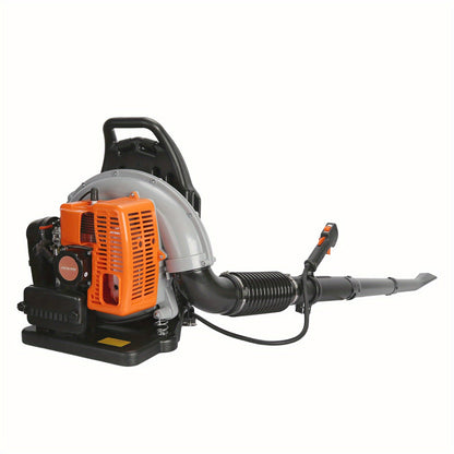 Backpack Gas Leaf Blower in Orange with 2-Stroke Engine Label, Flexible Elbow, Long Tube and Control Handle