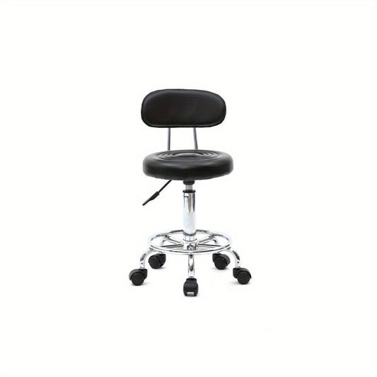 Adjustable Salon Stool with Backrest, Ring Footrest, Five Casters and Black or White Round Padded Seat