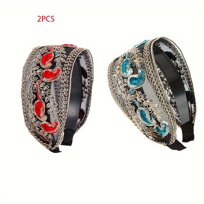 Lace Sequin Flower Headbands for Women 2pcs Wide Non-Slip Boho Retro Embroidered Hair Hoops for Daily Wear Spring Summer Wedding Party Chic