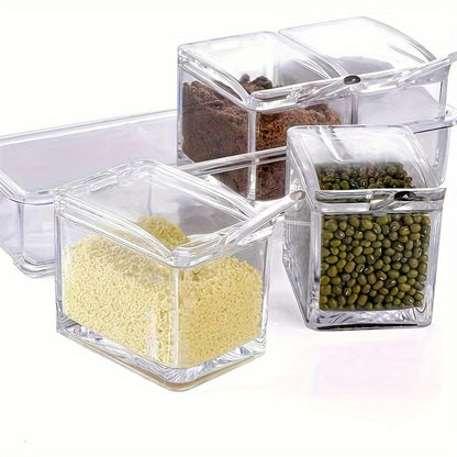 Four-Grid Clear Spice Box Set with Individual Flip-Top Lids, Shared Base, Four Compartments and 26cm Length