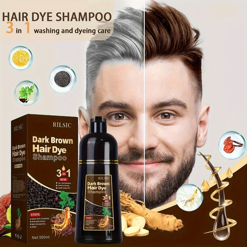 Hair Dye Shampoo, RILSIC Three-Pack of 500ml Bottles in Black, Brown, Dark Brown or Chestnut Brown