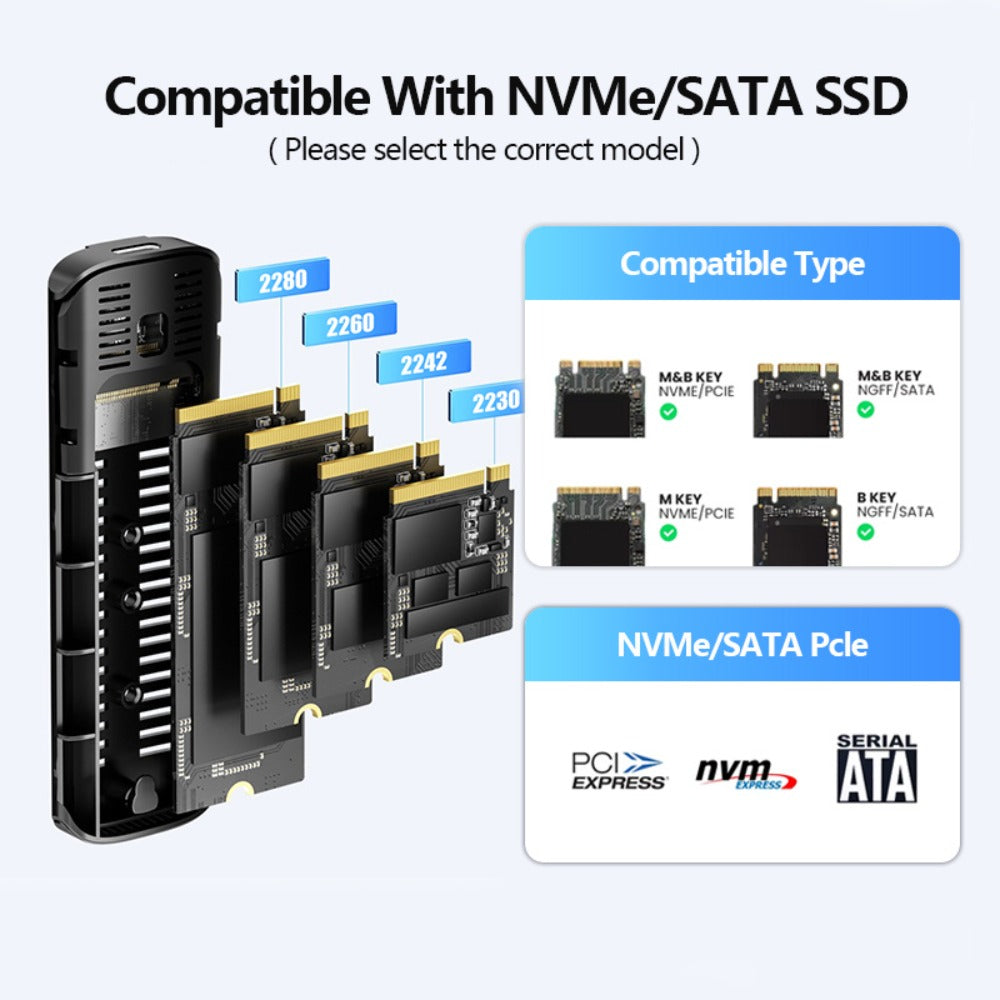 M.2 NVMe/SATA SSD Enclosure 10Gbps USB Adapter, Supports M & B+M Key, 2230/2242/2260/2280, Portable Metal SSD Case for PC