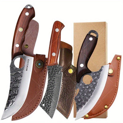Kitchen Knife Set by WXYCOO, 3- or 4-Piece 5Cr15MoV Steel Hammered Blades with Curved Wood Handles
