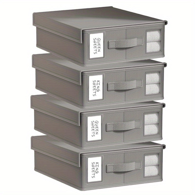 Four-Pack Bed Sheet Storage Boxes with Clear Windows, Labels and Oxford or Nonwoven Fabric Options