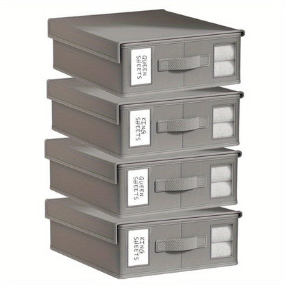 Four-Pack Bed Sheet Storage Boxes with Clear Windows, Labels and Oxford or Nonwoven Fabric Options