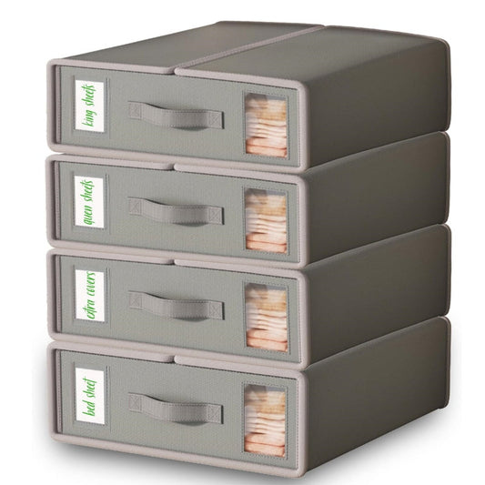 Four-Pack Bed Sheet Storage Boxes with Clear Windows, Labels and Oxford or Nonwoven Fabric Options