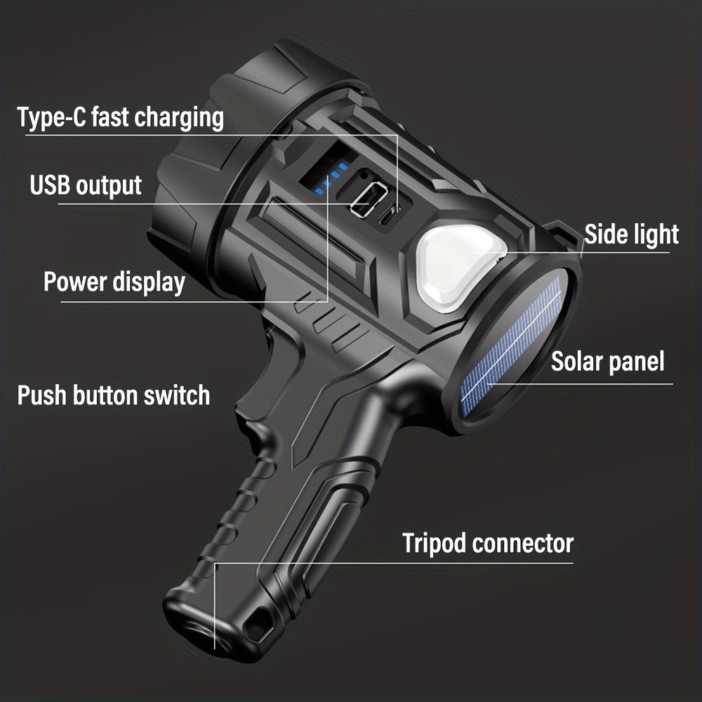 Flashlight 2000-Lumen Solar and USB-C Searchlight with Six Modes, Color Filters and USB Power Output