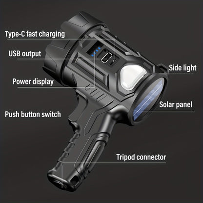 Flashlight 2000-Lumen Solar and USB-C Searchlight with Six Modes, Color Filters and USB Power Output