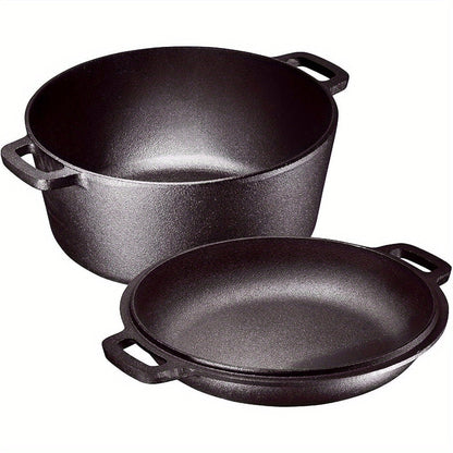 5QT Pre-Seasoned-Labeled Cast Iron Dutch Oven with Reversible 2QT Skillet Lid and Dual Loop Handles