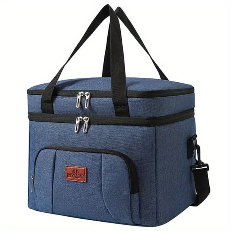 Double-Deck Lunch Tote with Front Pocket and Shoulder Strap in Gray, Blue, Black or Pink Options