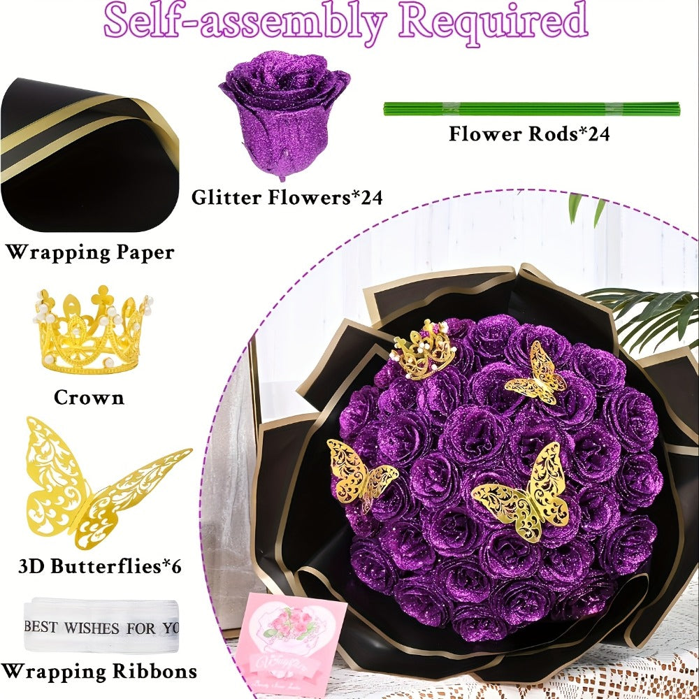 Artificial Rose Bouquet 24 Glitter Roses with 6 Golden Butterflies, Everlasting Shiny Fake Flower Bouquet for Wedding